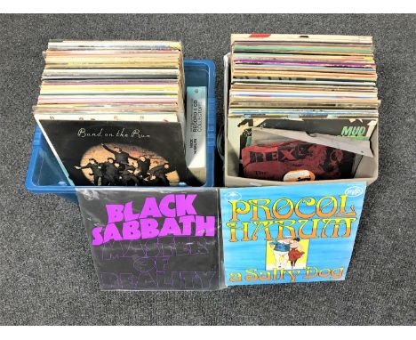 Two boxes of LP records, mainly pop and rock, Black Sabbath, The Rolling Stones etc