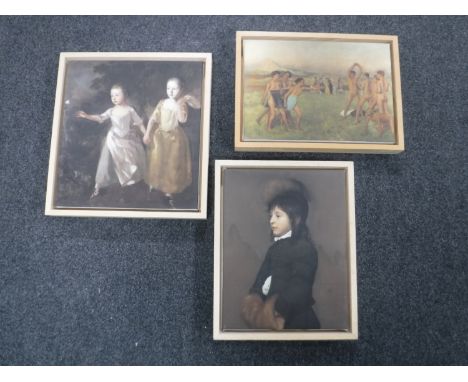 Three canvas pictures - Portrait of a child, figures etc 