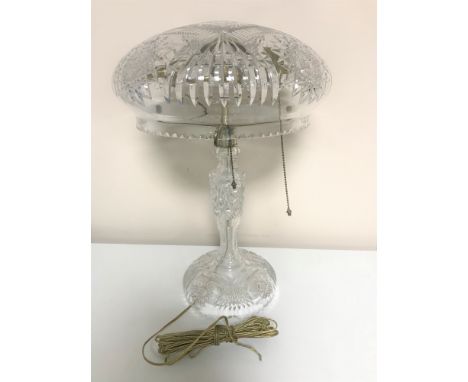 An early twentieth century cut glass mushroom table lamp with shade 