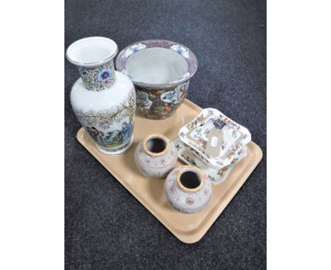 A tray of Oriental style planter, Japanese vase, pair of continental vases and a Indian Tree lidded tureen on stand 