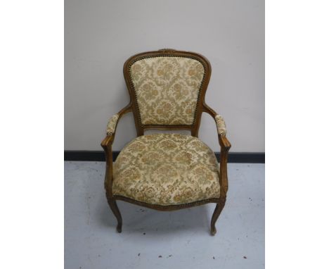 A Continental walnut salon chair with tapestry seat, width 58 cm