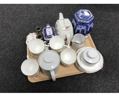 A tray of Newcastle Upon Tyne china tea service, Thomas teapots, Ringtons teapot, Cathedral ginger jar, Royal Crown Derby dis