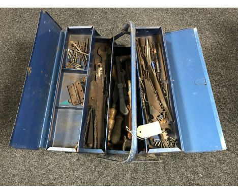 A metal concertina tool box and tools 