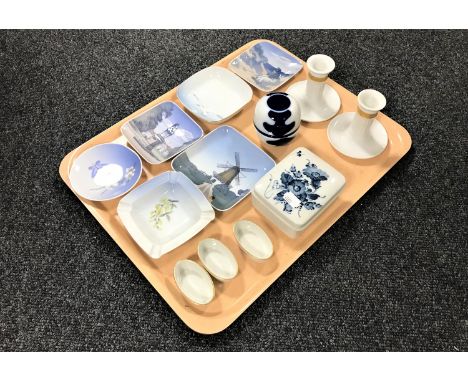A collection of Royal Copenhagen porcelain including pair of candlesticks, lidded trinket box, ashtrays etc