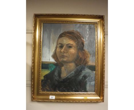 Liz Tyler (British Contemporary), self portrait, oil on board,39cm by 50cm.
