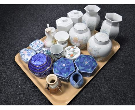 A tray of oriental style lidded trinket dishes, Royal Winton vases, storage jars and ginger jars, bone china milk jug etc 