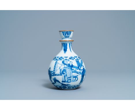 A Chinese blue and white huqqa base with a narrative design, KangxiH.: 19 cm