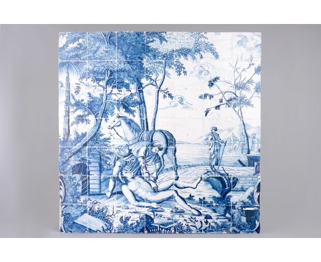 A blue and white Dutch Delft 'The Good Samaritan' tile mural, Makkum, Friesland, 18th C.Dim.: 91,5 cm x 91,5 cmThis large til
