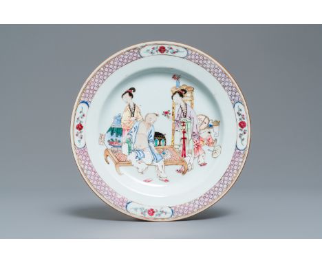 A fine Chinese famille rose ruby back plate with figures in an interior, YongzhengDia.: 23 cm