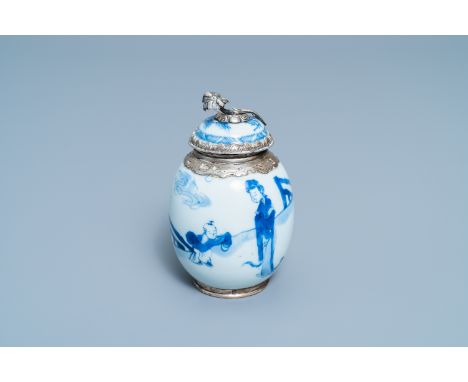 A Chinese blue and white tea caddy with Dutch silver mounts, KangxiH.: 12 cm