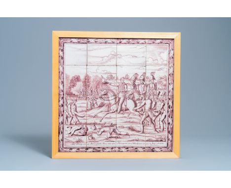 A manganese Dutch Delft tile mural with the Prince of Orange at Quatre Bras, Amsterdam, ca. 1820Dim.: 56 x 55,5 cm (the frame