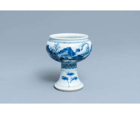 A Chinese blue and white stem cup with a continuous landscape scene, Kangxi/YongzhengH.: 14,5 cm