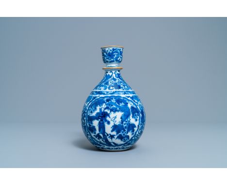 A Chinese blue and white 'squirrel and grapevine' huqqa base, KangxiH.: 24,5 cm