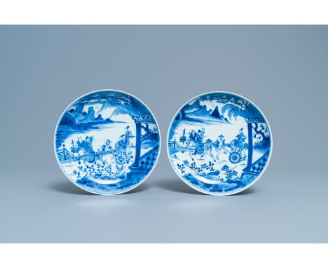 A pair of Chinese blue and white plates with a narrative scene, Kangxi/YongzhengDia.: 21 cm