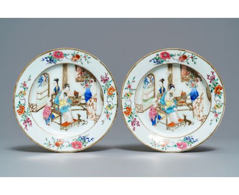 A pair of Chinese famille rose plates with a suckling lady, YongzhengDia.: 22,5 cmÊ Condition: (UV-checked)- The first in ver