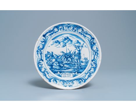 A Dutch Delftware blue and white dish with soldiers at camp, Makkum, dated 1764Dia.: 26,3 cmÊ Attributed to the painter Gatse