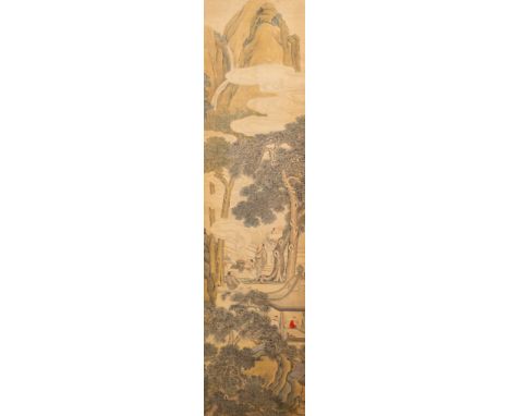 Chinese school, ink and colour on silk, 18/19th C.: 'Scholars and their servants'Dim.: 205,5 x 53 cm (the scroll mount)Dim.: 
