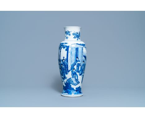 A Chinese blue and white vase with female musicians and dancers, KangxiH.: 42 cm