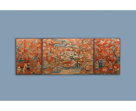 Three Chinese embroidered silk panels depicting an imperial audience, 19th C.Dim.: 100,5 x 71,5 cm (frame size for each side 