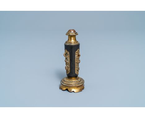 A Chinese lacquered and parcel-gilt bronze joss stick holder, MingH.: 11 cm