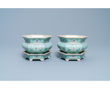A pair of Chinese famille rose jardinieres on stands, Qianlong mark, JiaqingL.: 15,5 cmH.: 13 cm (the jardinieres on stand) H