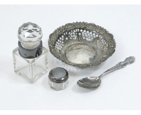 SCENT BOTTLE ETC. A silver mounted cut glass scent bottle with faceted stopper, height 10cm. Also, a pierced silver dish, a g