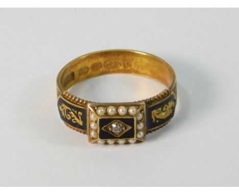 MOURNING RING. A Victorian 15ct. gold black enamel, seed pearl & diamond mourning ring. Chester 1892. Size O/P.  Please note 