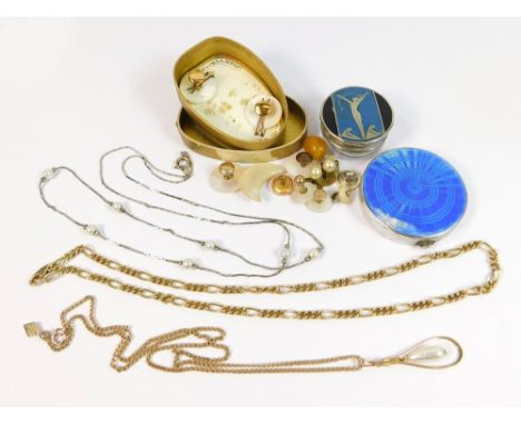 COSTUME JEWELLERY ETC. A pearl & gilt metal necklace by Sarah Coventry, other necklaces, a silver & blue enamelled compact (d