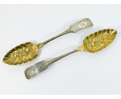 IRISH SILVER. A pair of George III fiddle pattern Irish silver tablespoons by Richard Sawyer. Each spoon initialled beneath a