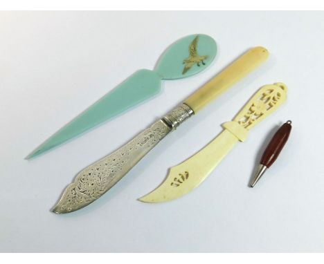 LETTER OPENER ETC. A pierced bone letter opener, a celluloid letter opener, a Victorian silver knife & a propelling bridge pe