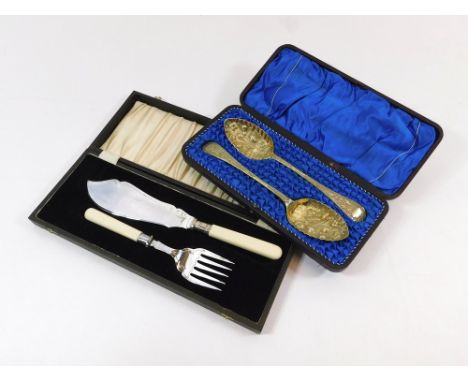 CASED SETS. A pair of Victorian berry spoons in fitted case & a later cased fish knife & fork.  Please note that all items in