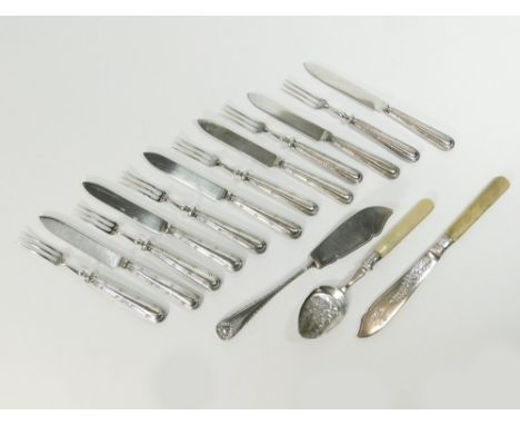 FLATWARE. A set of six dessert knives with matching forks, Sheffield 1922. Also, a silver preserves spoon & two silver fish k