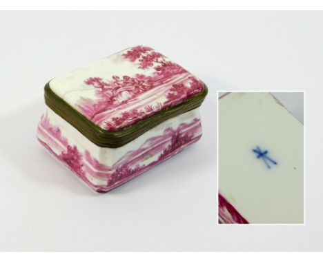 SNUFF BOX. A 19th century Meissen style ceramic table snuff box, with puce decorated lid & sides. (Lid cracked) 8x6x4.5cm.  P