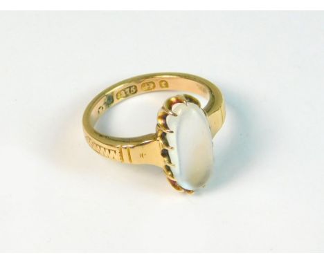 MOONSTONE RING. A Victorian 9ct. gold moonstone ring (shank strengthened). Approx. 3.9g. Size K/L.  Please note that all item