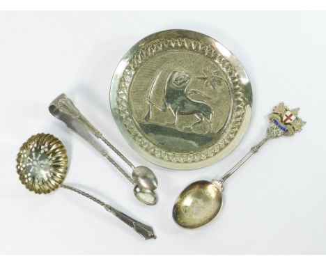 SPOONS ETC. A 1937 silver & enamelled Coronation spoon, a silver sifter spoon & pair of sugar tongs. Also, a silver coloured 