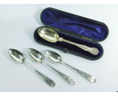 CASED SPOONS. A Victorian cased Christening spoon (stem repaired). Also, three Irish silver, bright cut teaspoons.  Please no