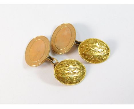 CUFFLINKS. A pair of cufflinks each made up from two 18ct. gold engraved cufflinks & two 9ct. rose gold engine turned cufflin