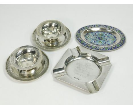 ASH TRAY ETC. An engine turned silver presentation ash tray, two 800 Standard white metal tea bowls & saucers & a white metal