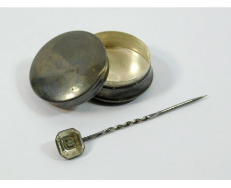 STICK PIN ETC. A Georgian rock crystal & gold wire button, later converted to a stick pin, & a modern silver pill box. (The p