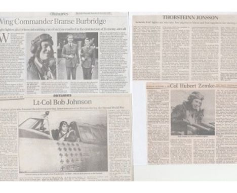 Excellent collection of 30+ allied, US & Luftwaffe fighter ace UNSIGNED Obituaries. 4 Featured. Last surviving high scoring/t
