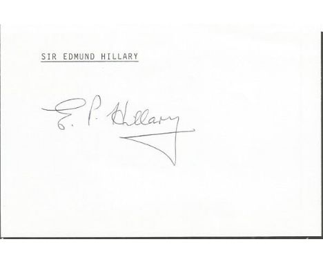 Sir Edmund Hillary 1953 first climber to summit Mount Everest signed 6 x 4 inch white card. Good condition.  