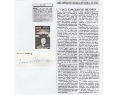 Squadron Leader Lewis Brandon DSO DFC*  autograph and Obituary of Wing Commander James Ghillies Benson DSO DFC* RAF who serve