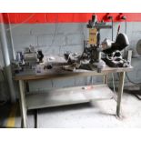 Metal Work Table wth Darex Drill Sharpener, Drill Press, and DoAll Cut Off Saw