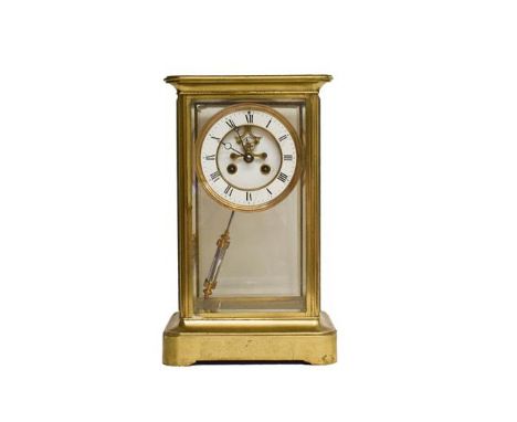 A French four glass brass striking mantel clock, twin barrel movement striking on a bell, twin tube mercury pendulum, 35.5cm 