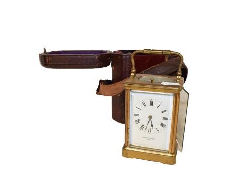 A French striking and repeating brass carriage clock, movement with platform lever escapement, striking on a gong, with trave