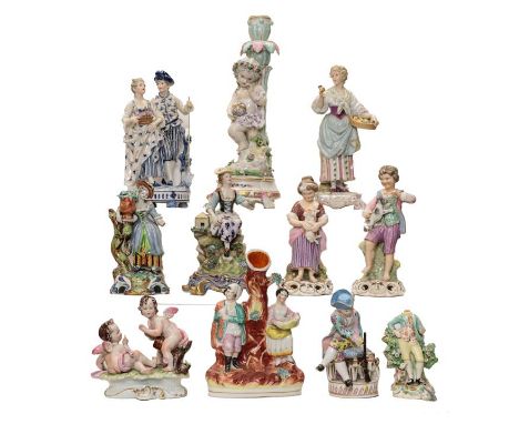 A pair of King Street Derby figures of a boy and girl together with a quantity of other china figures including: an 18th cent