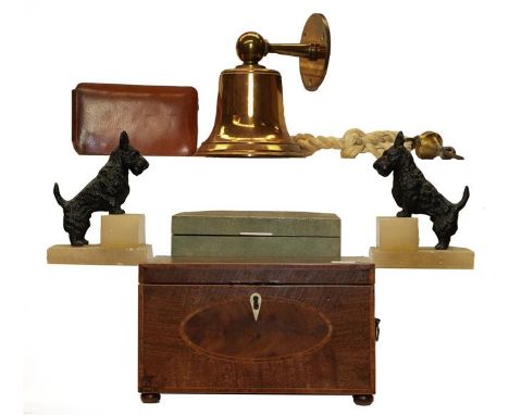 A 19th century inlaid mahogany tea caddy, a shagreen box, a pair of painted metal terrier form bookends on alabaster bases, a