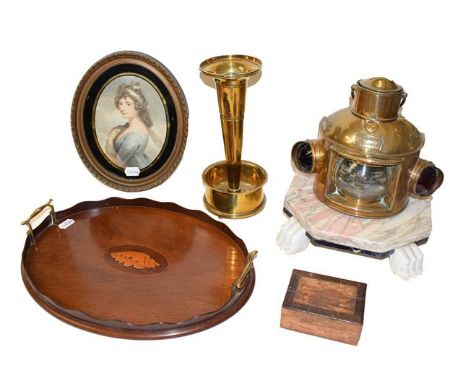 A brass ships lamp by Simpson Lawrence &amp; Co. Glasgow, together with an Edwardian inlaid mahogany serving tray, trench art