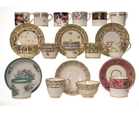 A collection of 18th and 19th century coffee cans, saucers, teacups and a tea bowl, mainly Derby, including two 18th century 