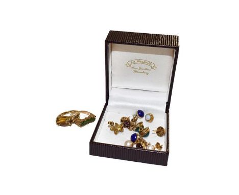 Six pairs of earrings including lapis lazuli, opal, cultured pearl etc, and two 9 carat gold rings, finger sizes Q.  Earrings